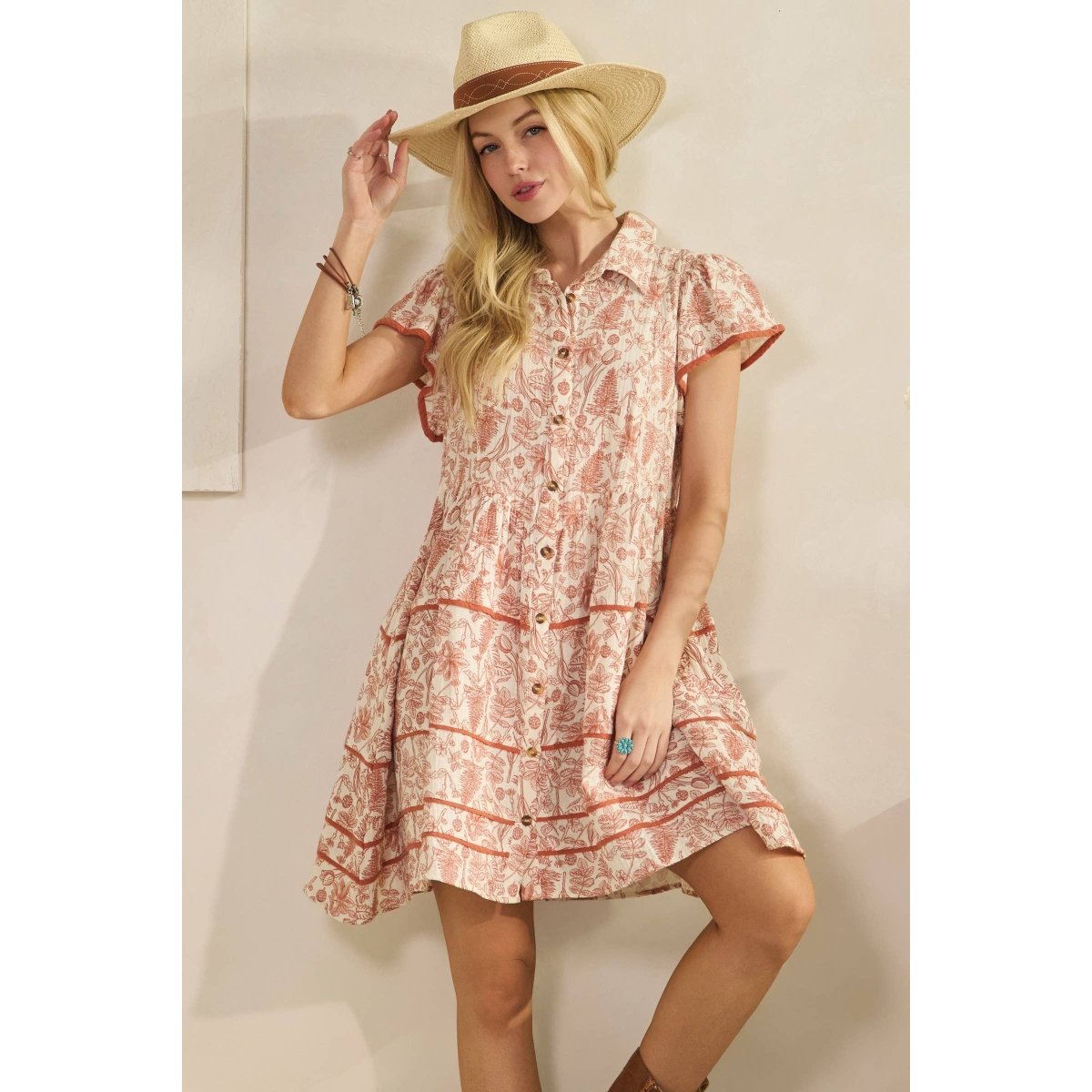 Sage + Fig Vintage Inspired Floral Shirt Dress - Antique Brass - SD7685-S