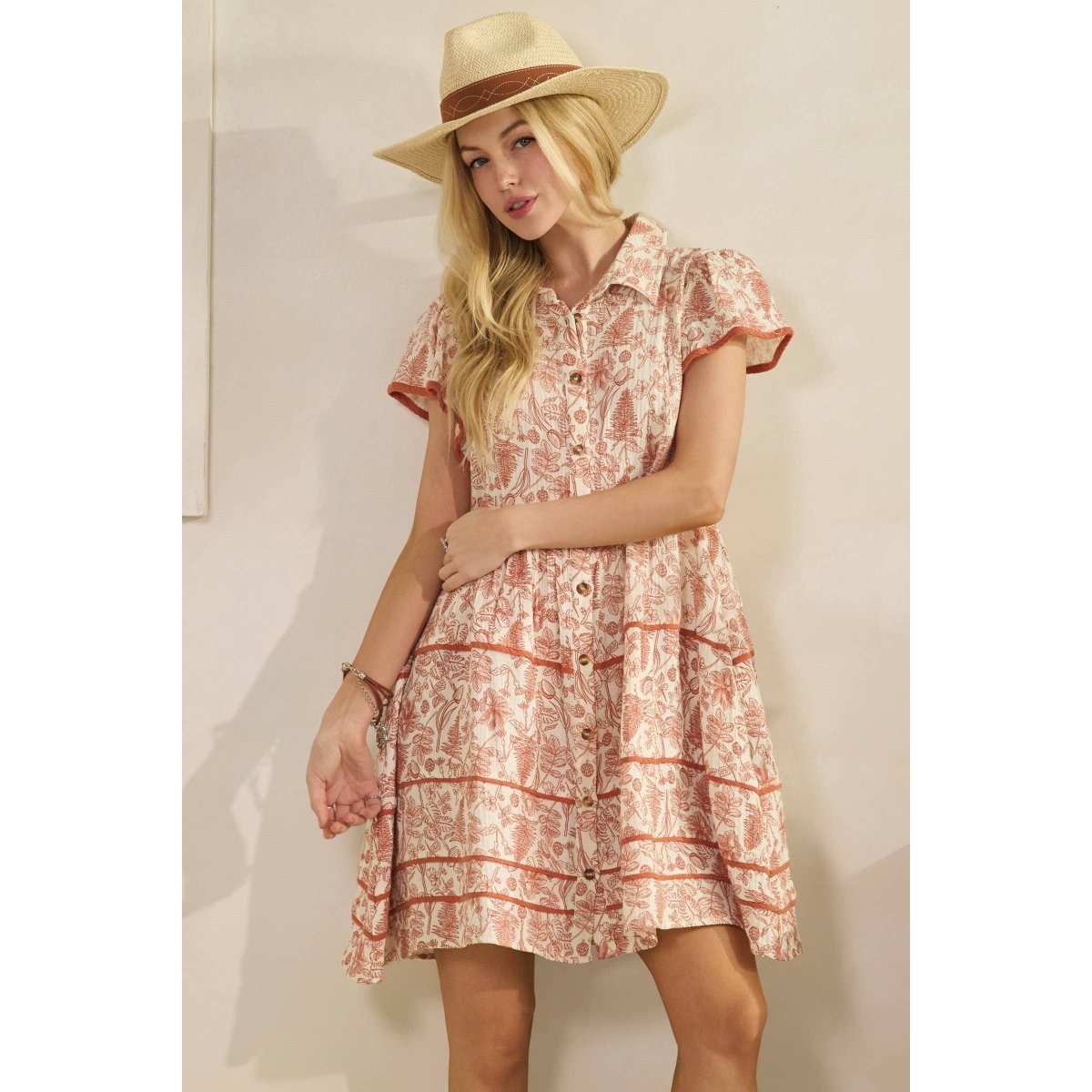 Sage + Fig Vintage Inspired Floral Shirt Dress - Antique Brass - SD7685-S