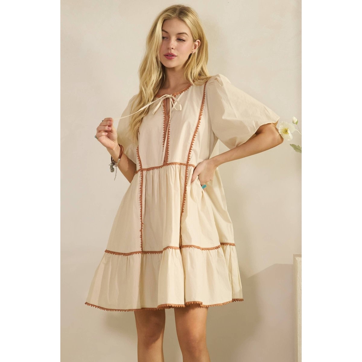 Sage + Fig Rustin Tiered Prairie Mini Dress - Beige - SD7694-S
