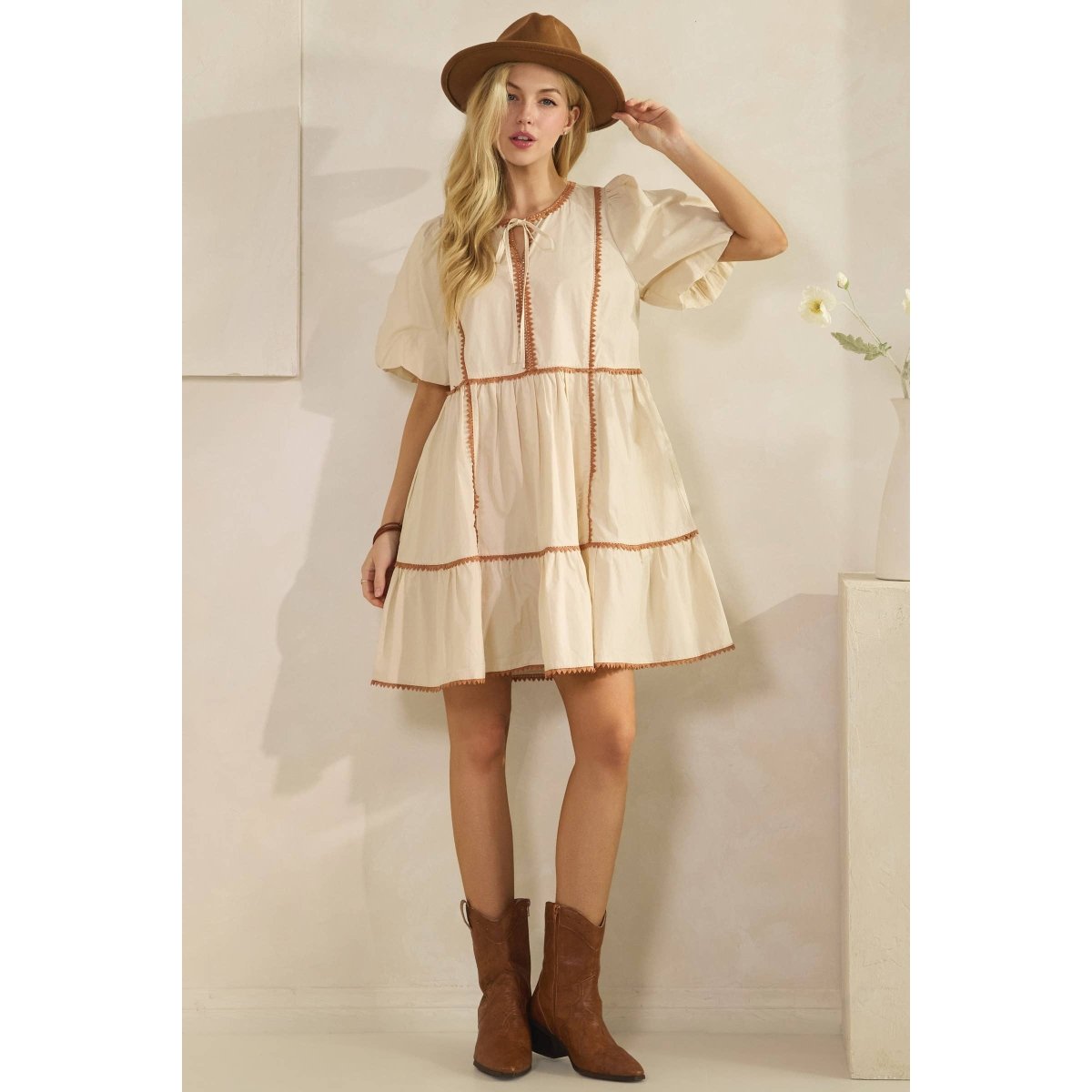 Sage + Fig Rustin Tiered Prairie Mini Dress - Beige - SD7694-S