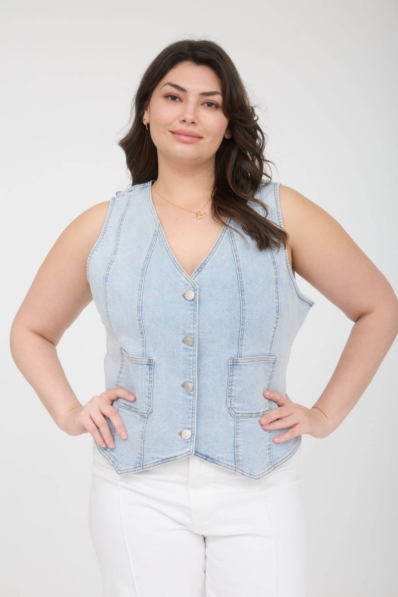 The Workshop Plus V Neck Sleeveless Button Down Denim Vest - Denim - PTW2087-DENIM-XL