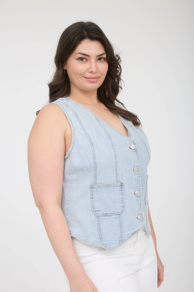 The Workshop Plus V Neck Sleeveless Button Down Denim Vest - Denim - PTW2087-DENIM-XL