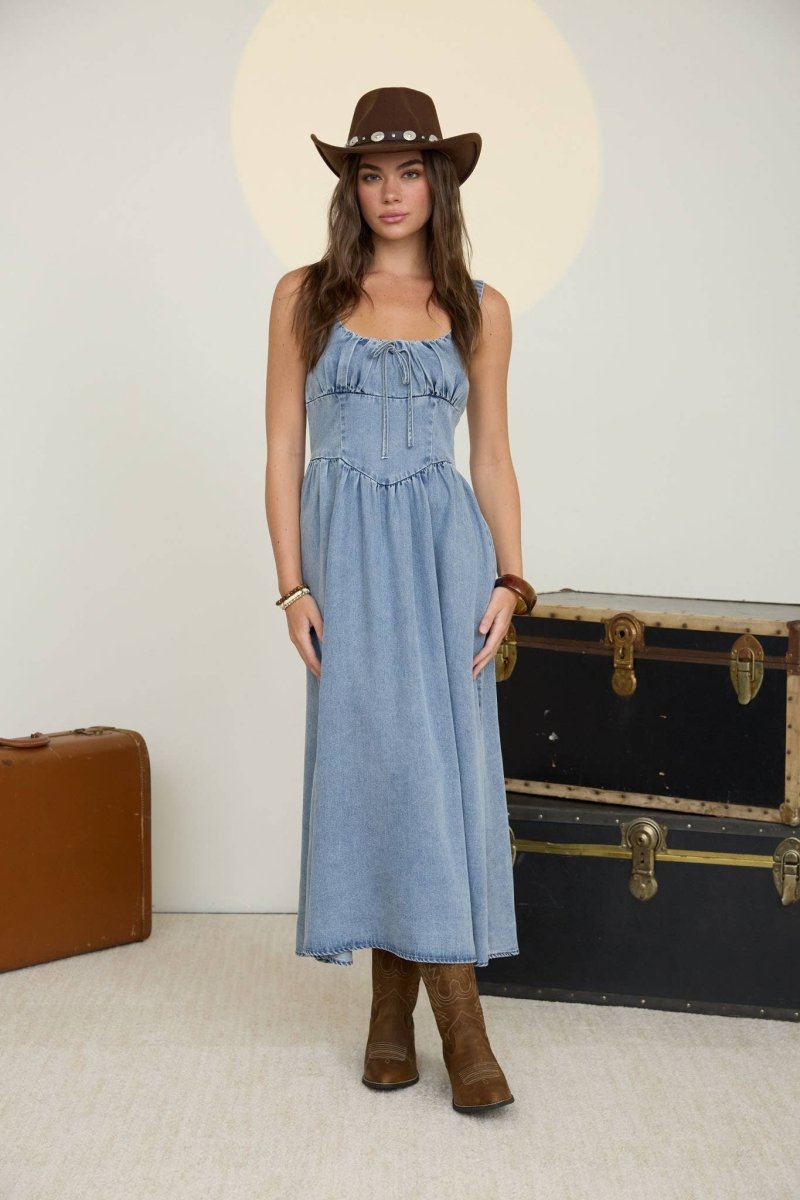 The Workshop Washed Denim Sleeveless Corset Detail Midi Dress - Chambray - TW2212-S