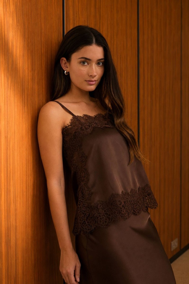 The Workshop Satin Lace Trim Detail Cami - Brown - TWS1256-T-BROWN-S