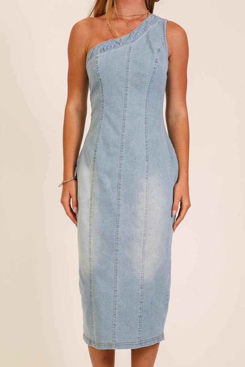denim bodycon midi dress TIMING Stretchy One Shoulder *A must Size:0-3 Month YGroup_colourway-lovella Mexican Vintage quinceanera dresses