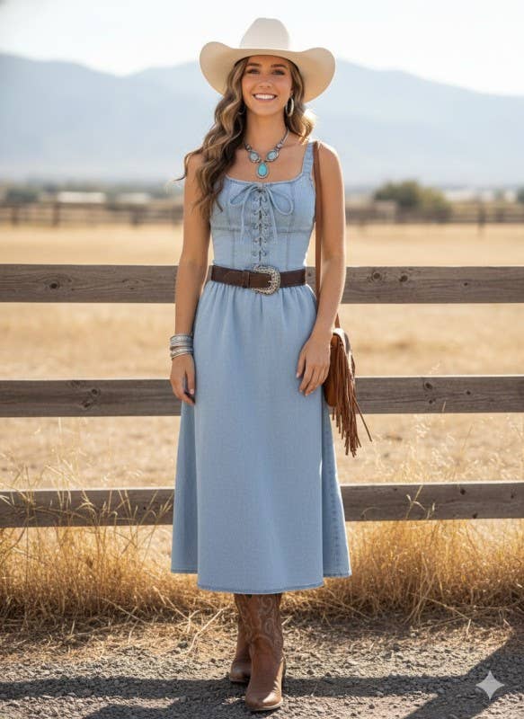 TIMING Lace-Up Front Stretch Denim Midi Dress