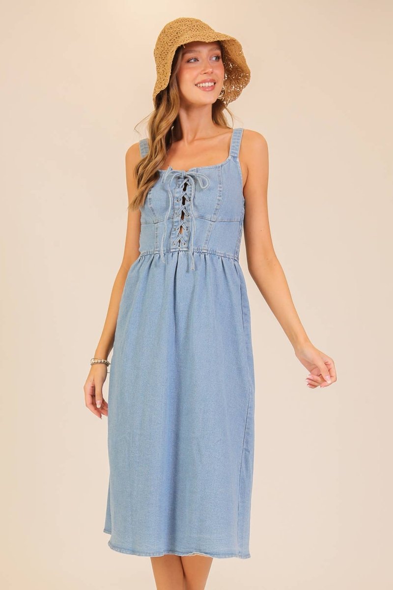 TIMING Lace-Up Front Stretch Denim Midi Dress - Light Denim - MD5084-S