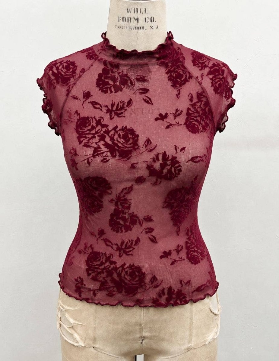 TIMING Floral Flocked Mesh Lettuce Trim Top - Burgundy - MN5773A-S