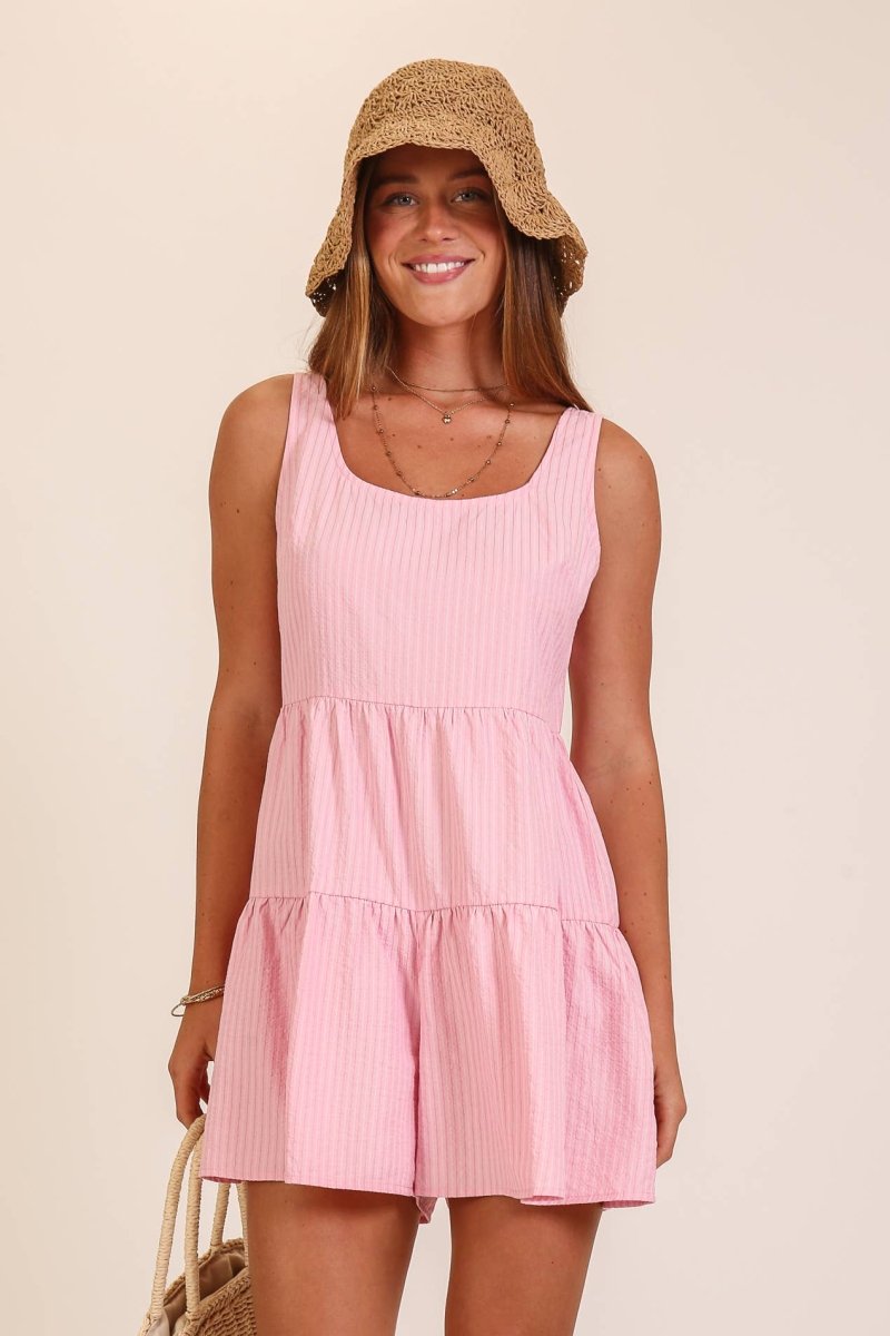 TIMING Pinkbell Pinstripe Tiered Romper - Pink - WP9537-S