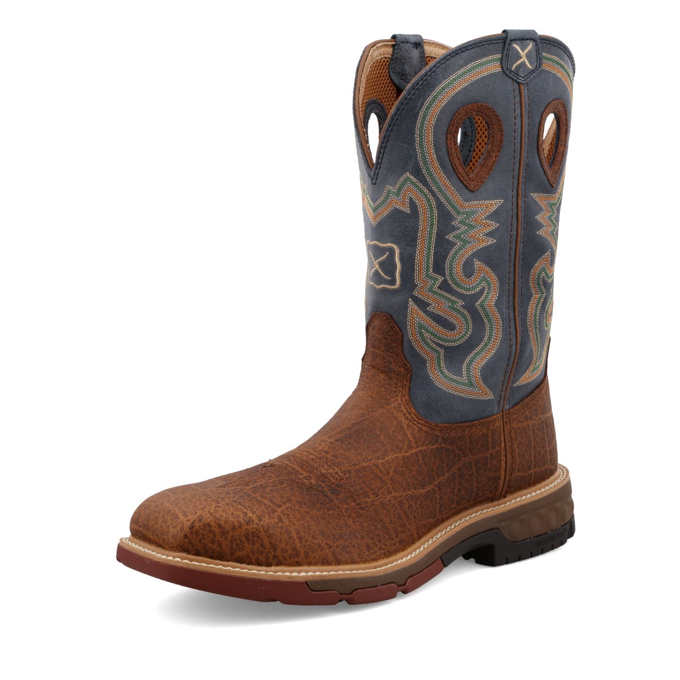 Twisted X Men's 12" Distressed Saddle & Peacock Square Alloy Toe Western Work Boot - MXBA005 - 7D