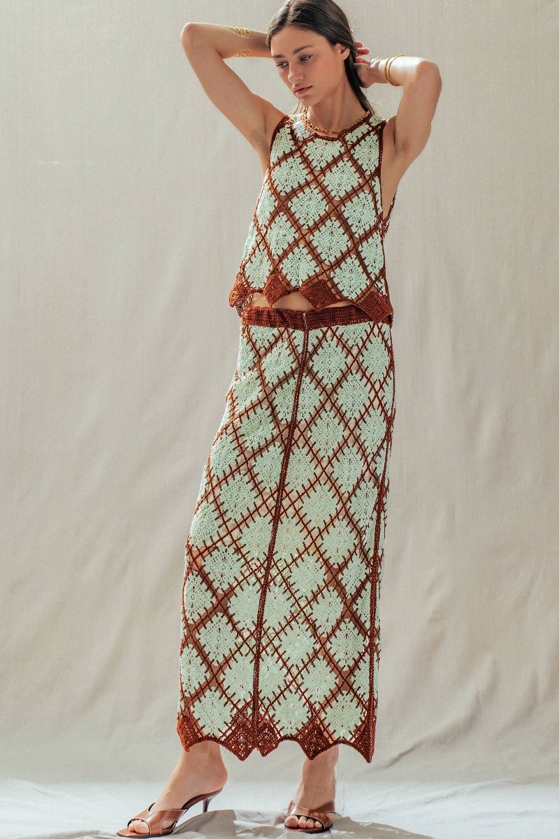 Diamond Pattern Open - Knit Crochet Skirt Mint Brown - UDSK0098-S/M