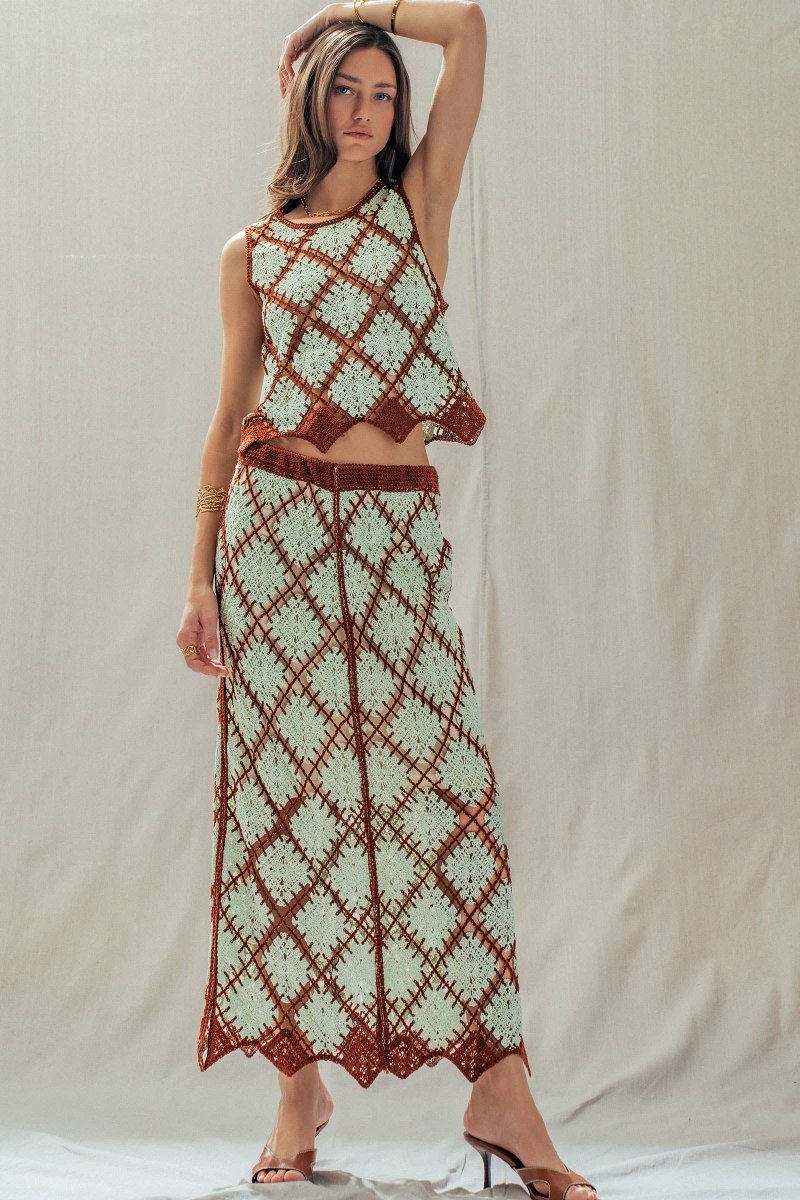 Diamond Pattern Open - Knit Crochet Skirt Mint Brown - UDSK0098-S/M