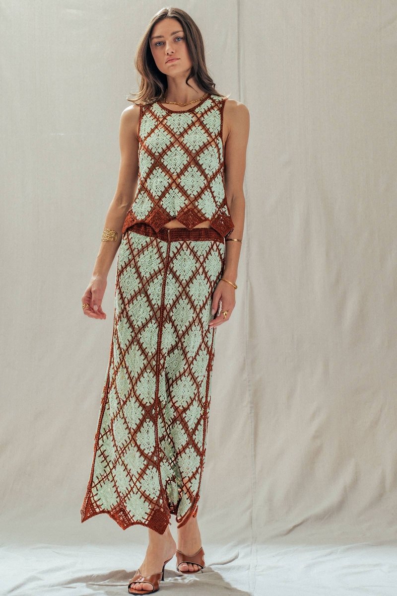 Diamond Pattern Open - Knit Crochet Skirt Mint Brown - UDSK0098-S/M