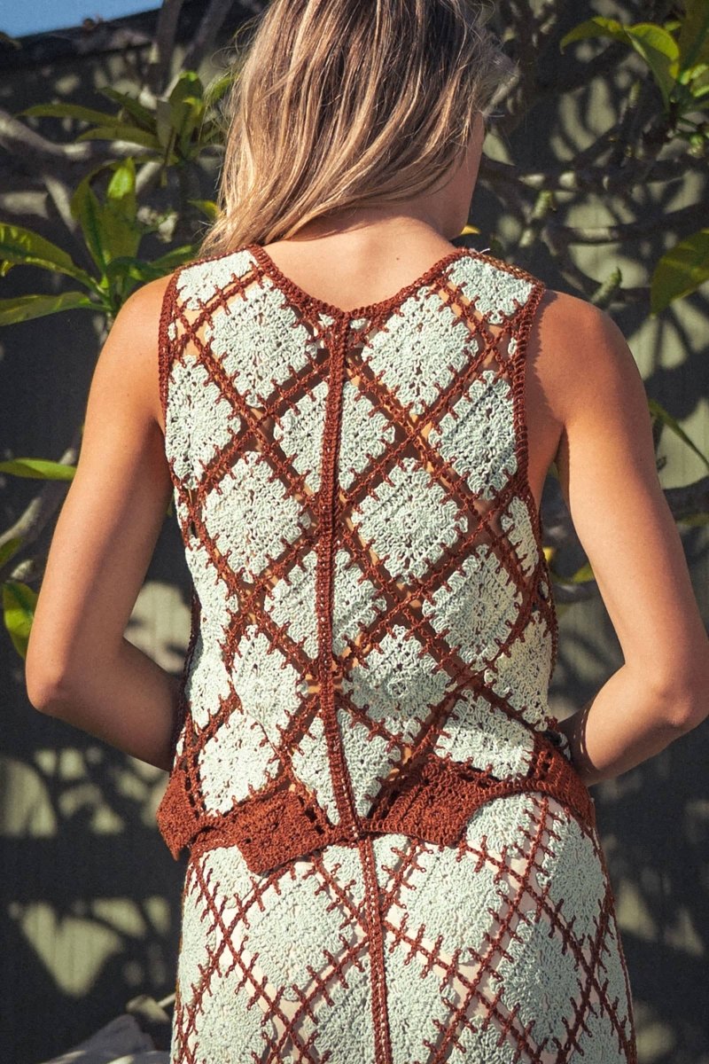 Diamond Crochet Pattern Sleeveless Tank Mint Brown - UDSW0316-S/M