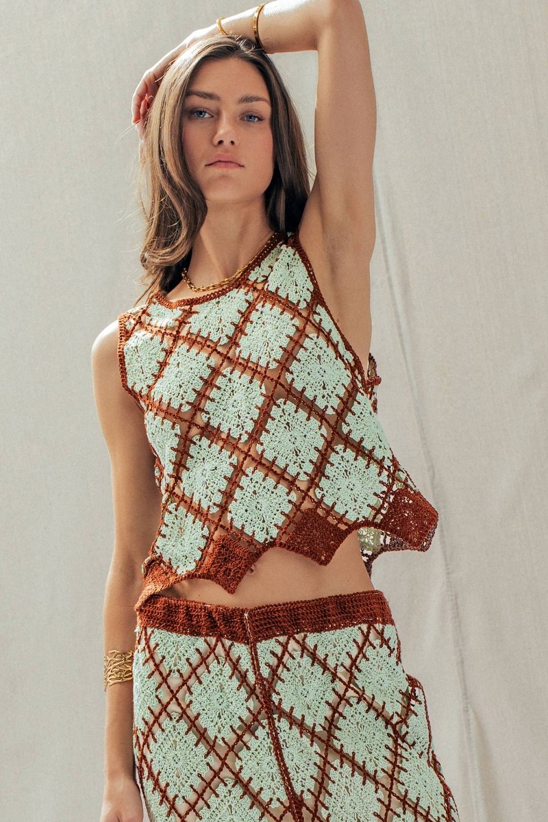 Diamond Crochet Pattern Sleeveless Tank Mint Brown - UDSW0316-S/M