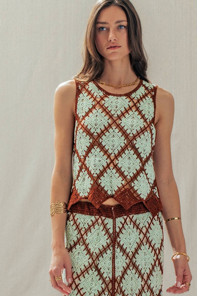 Diamond Crochet Pattern Sleeveless Tank Mint Brown - UDSW0316-S/M