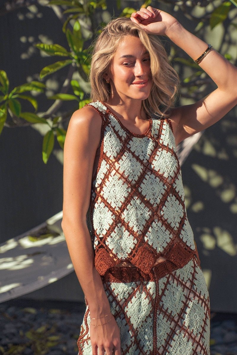Diamond Crochet Pattern Sleeveless Tank Mint Brown - UDSW0316-S/M