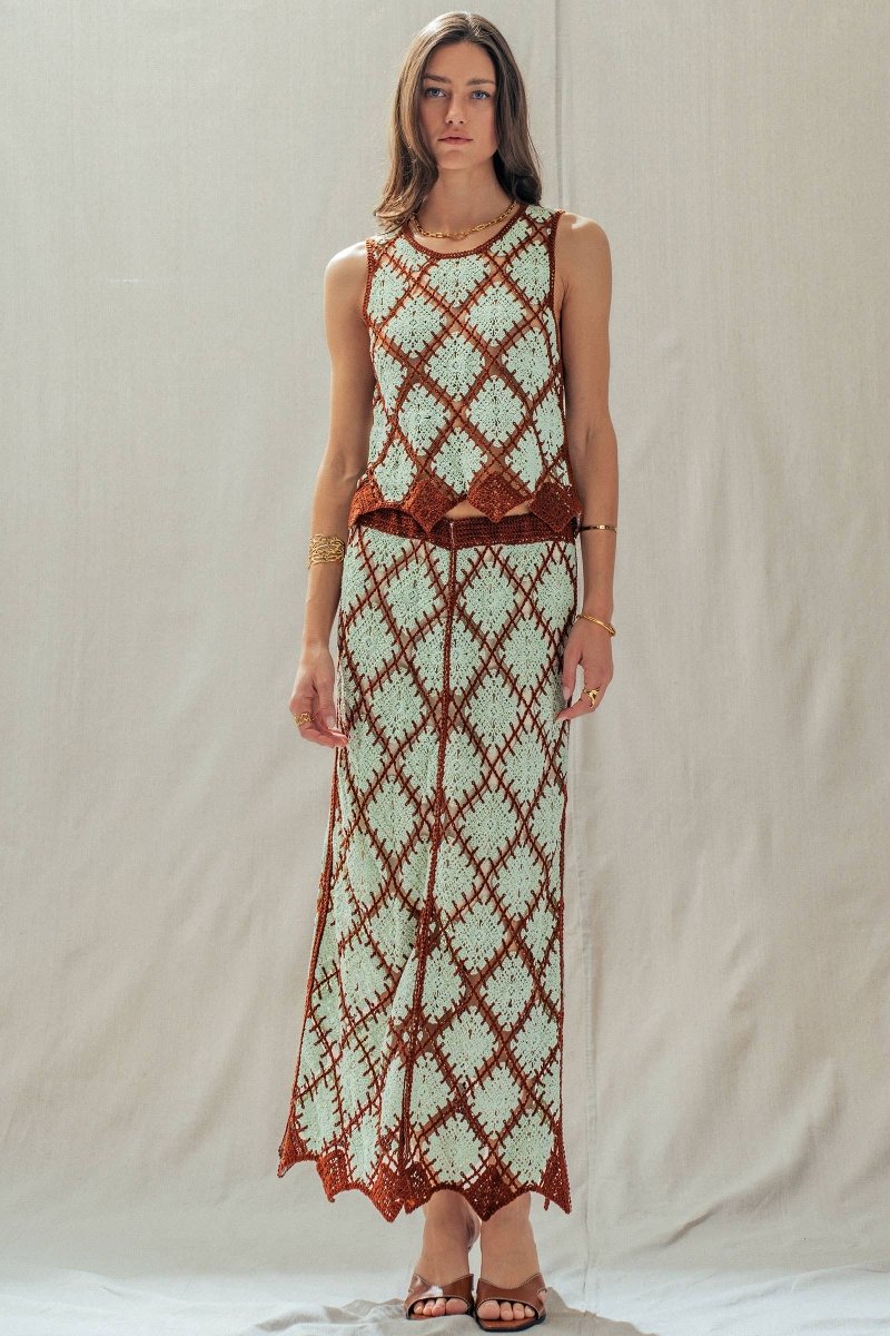Diamond Crochet Pattern Sleeveless Tank Mint Brown - UDSW0316-S/M