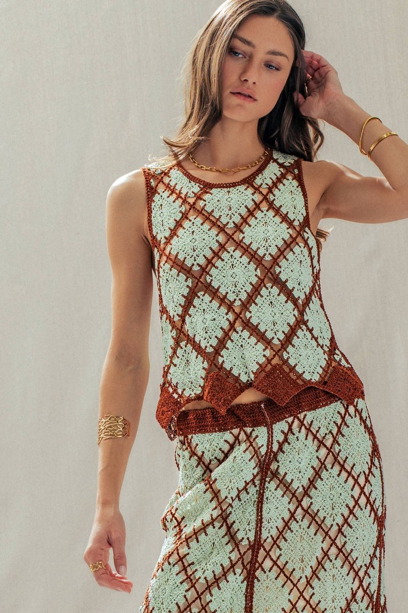 Diamond Crochet Pattern Sleeveless Tank Mint Brown - UDSW0316-S/M