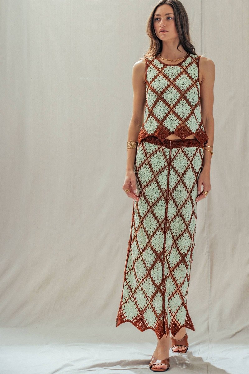 Diamond Crochet Pattern Sleeveless Tank Mint Brown - UDSW0316-S/M