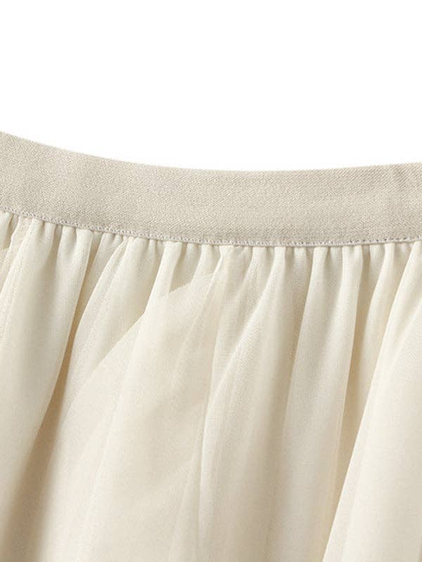 Gauze Pleated Solid Color Split - Joint A - Line Loose Skirt - Apricot - ONE SIZE - CY-128259