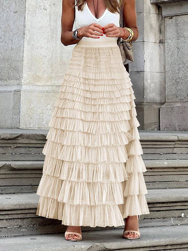 A - Line Waisted Solid Color Tulle Skirt - Apricot - CY-140365-S