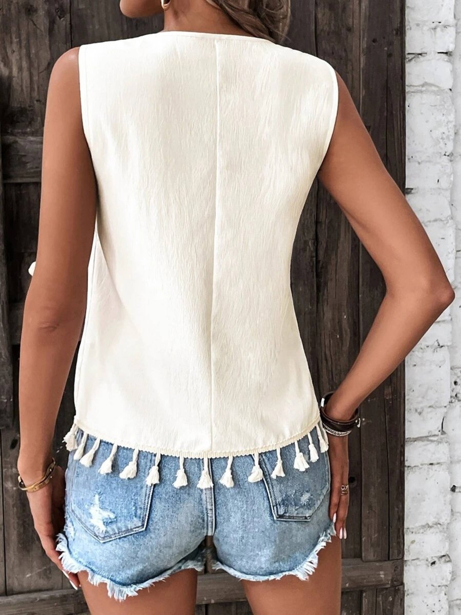 Tassel Trim V - Neck Tank Top Comfy Sleeveless - Apricot - FRAXR243-S