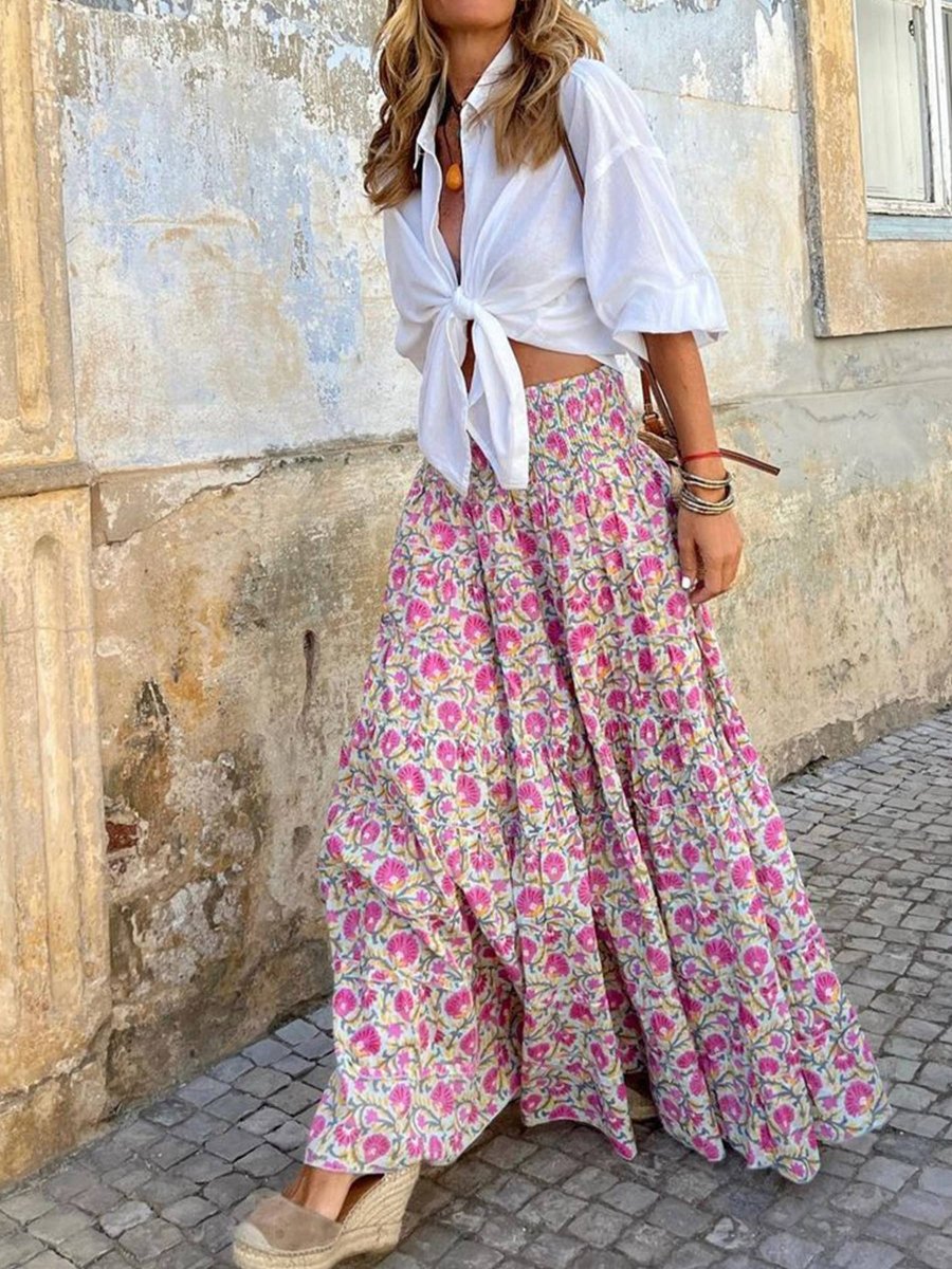 Vacation Casual Print Midi Skirt - Pink - FRJY8048-S