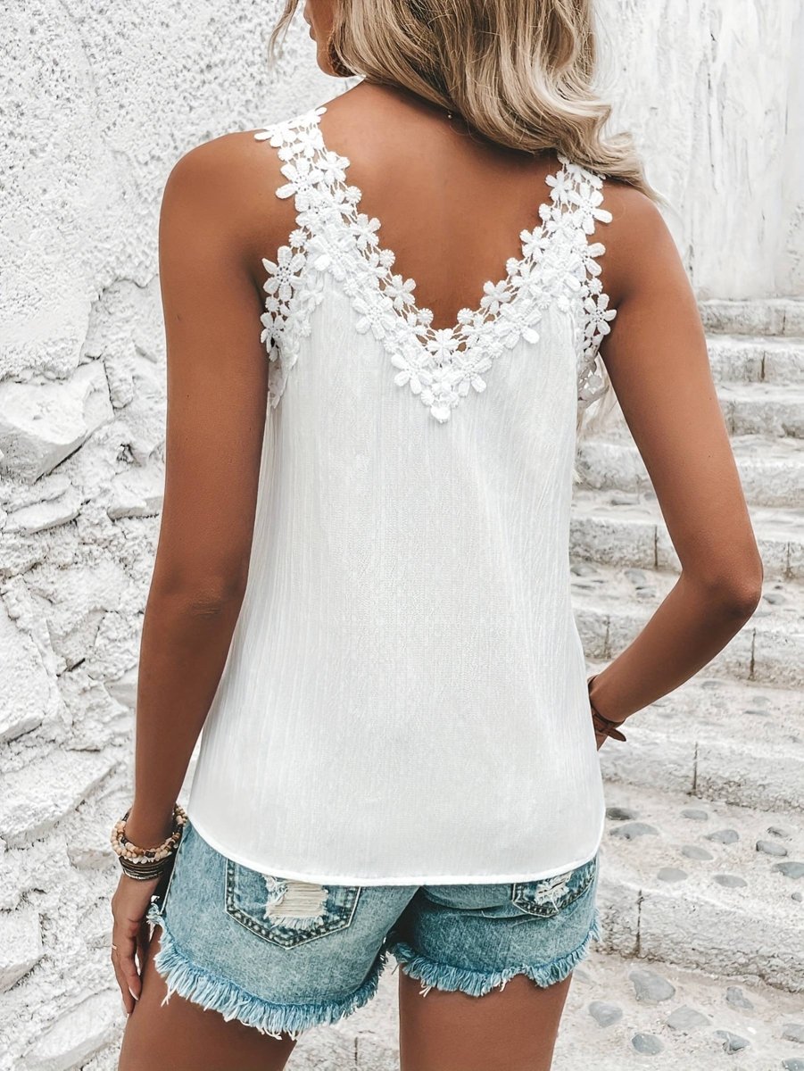 Splicing Lace Camisole V - Neck Top - White - FRMQD3431-S