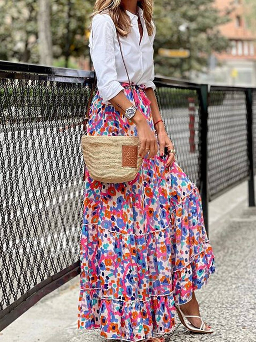 Printed Ruffled Hem Full Skirt - Pink - FRZM05-S