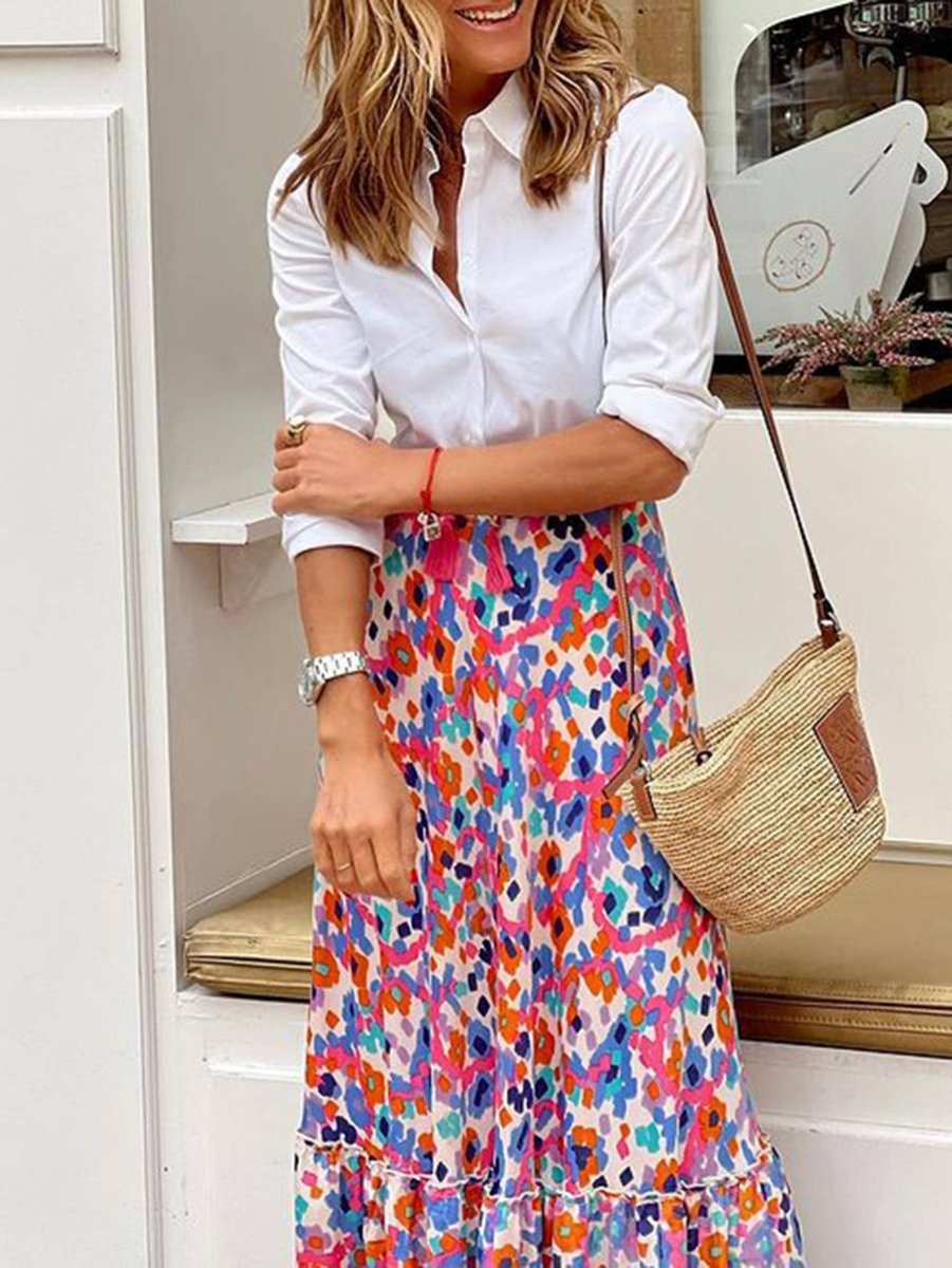 Printed Ruffled Hem Full Skirt - Pink - FRZM05-S