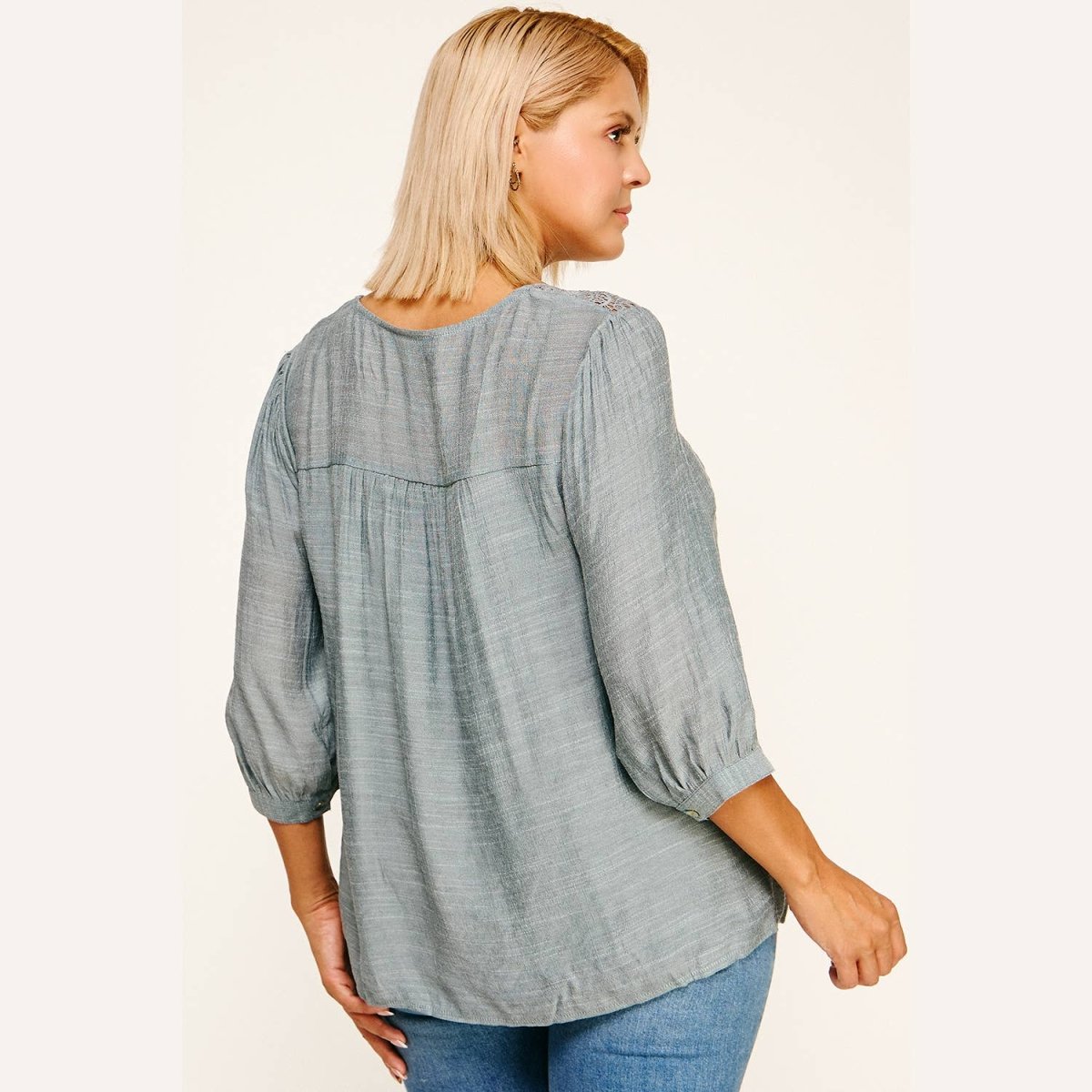 Winslow Collection Plus Size Solid Peasant Blouse w/ Applique Yoke - Denim - GIA114X-DENIM-1XL