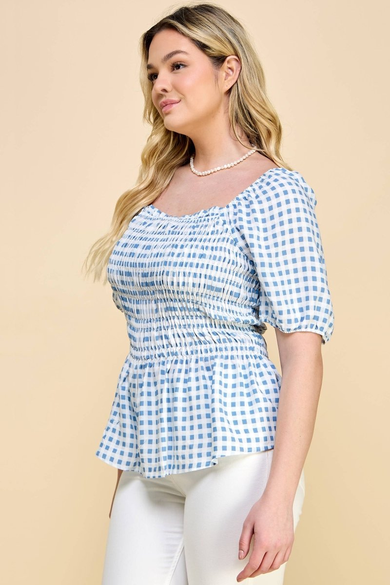 Winslow Collection Plus Size Puff Sleeve Smock Baby Doll Top - Ivory/Denim - J941566F04X-IVODE-1X