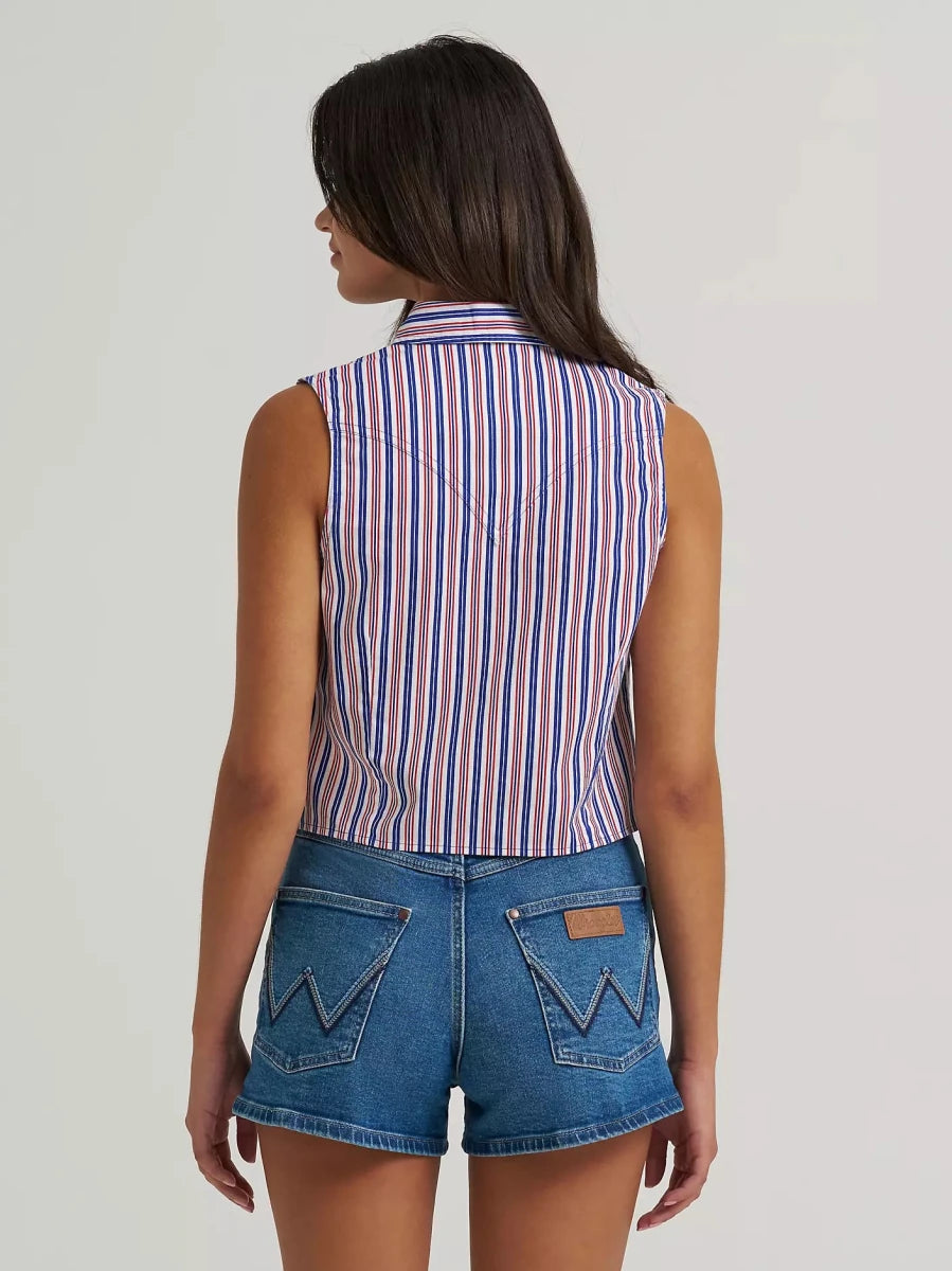 Wrangler Retro Women's Americana Sleeveless Snap Shirt - White - Blue Stripe - 112379486-XS