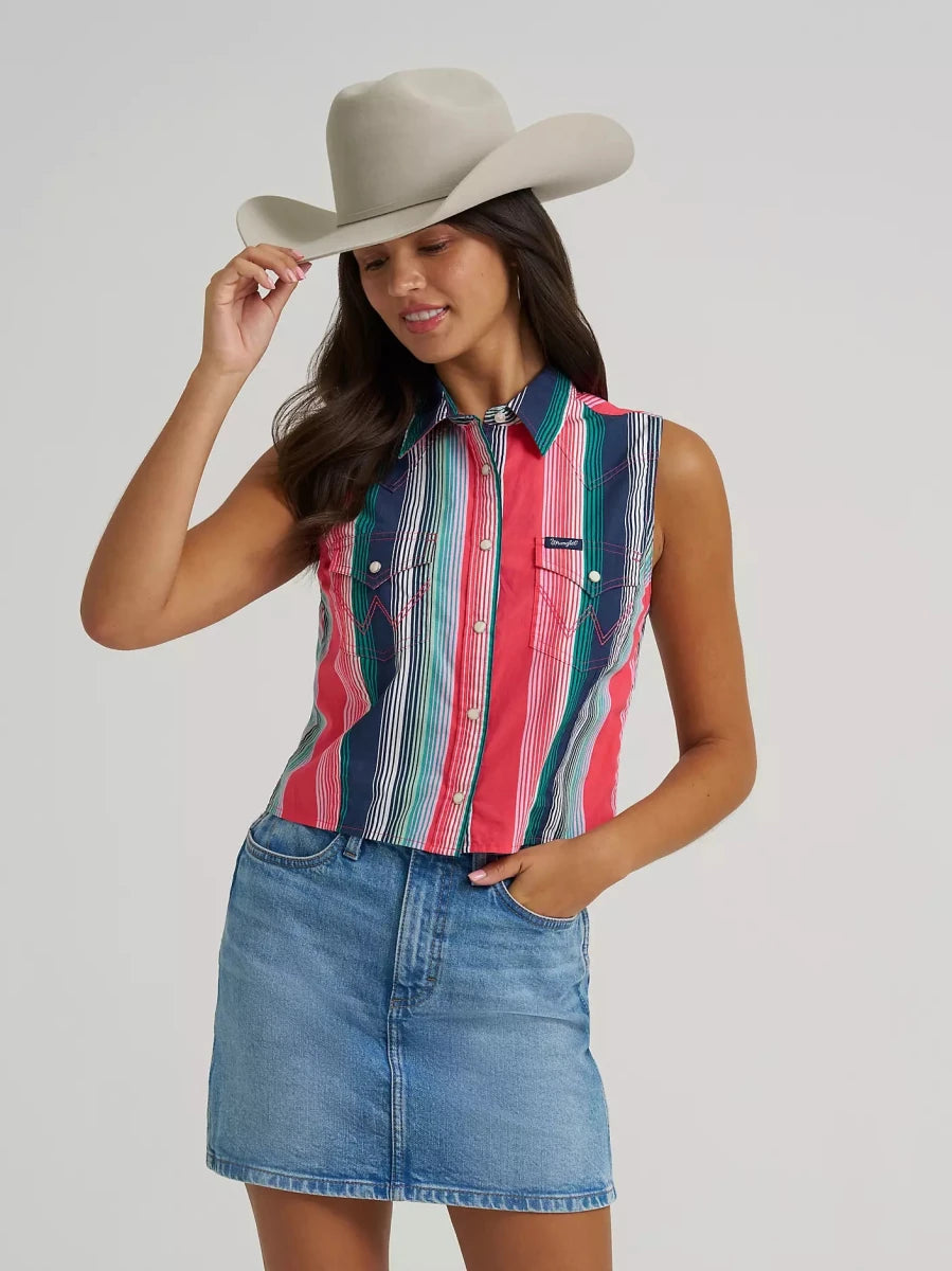 Wrangler Retro Women's Punchy Sleeveless Snap Shirt - White - Pink - 112379504-S