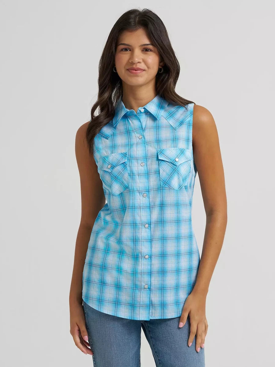 Wrangler Retro Women's Essential Sleeveless Plaid Western Snap Shirt - Pool Blue - 