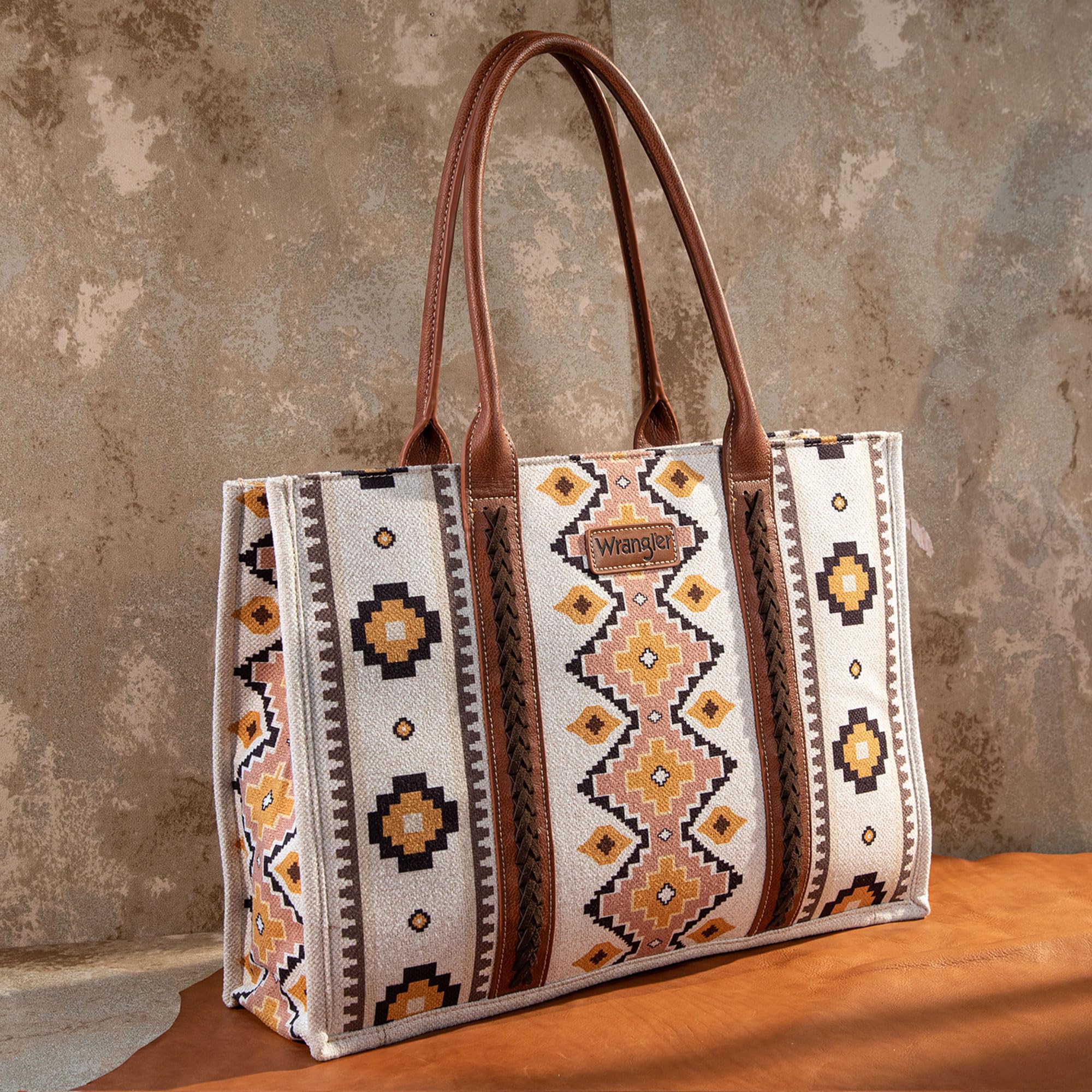 Wrangler Aztec Pattern Dual Sided Coffee Print Canvas Wide Tote Bag - WG2202 - 8119CF