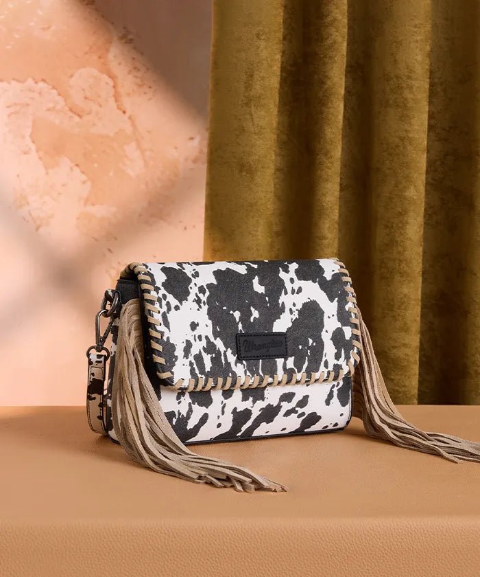 Wrangler Cow Print Fringe Crossbody Bag - Black - WG444-1818BK