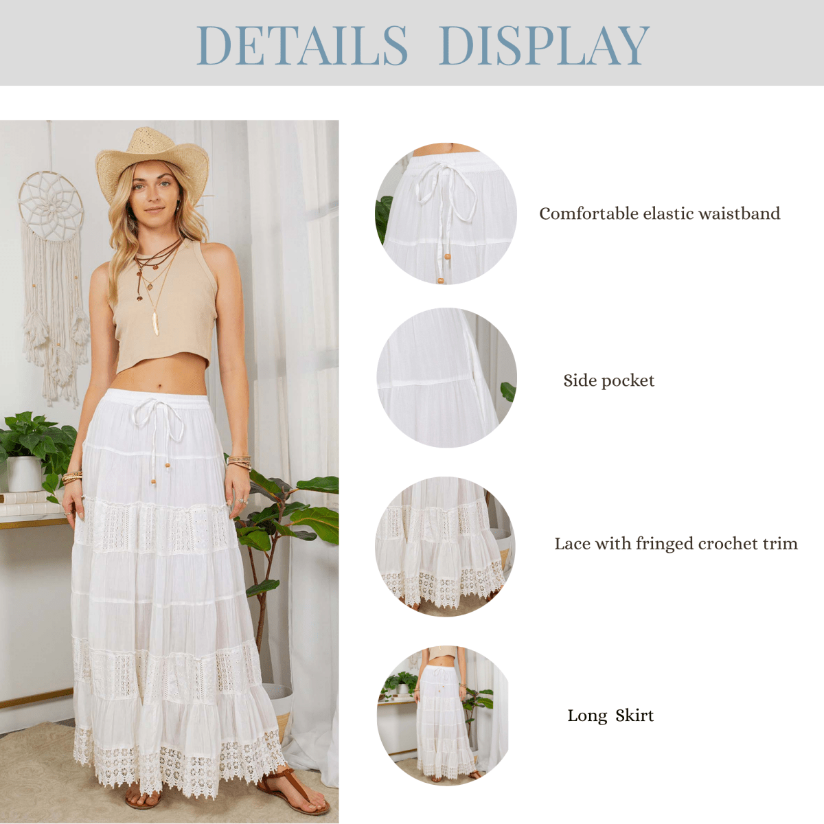 Young Threads 7 Tiered Crinkle Lace Patchwork Skirt with Pocket - Gravel - SK44107-GRAVEL-S