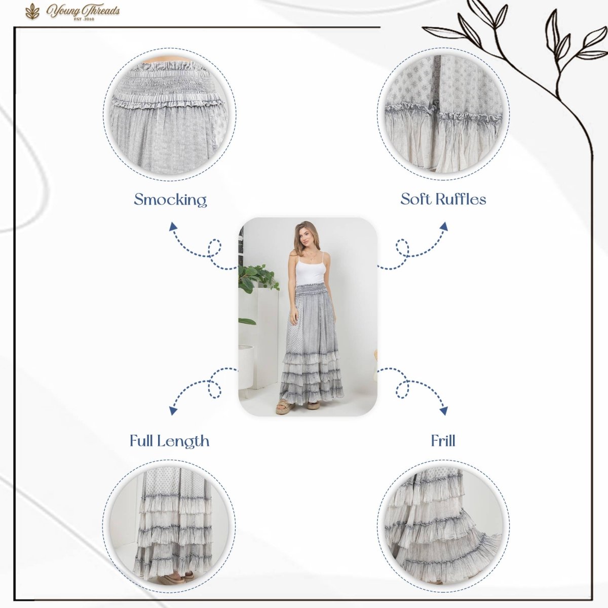Young Threads Rustic Textured Smocked Waist Ruffled Tiered Maxi Skirt - Grey - SK56104-GREY-S