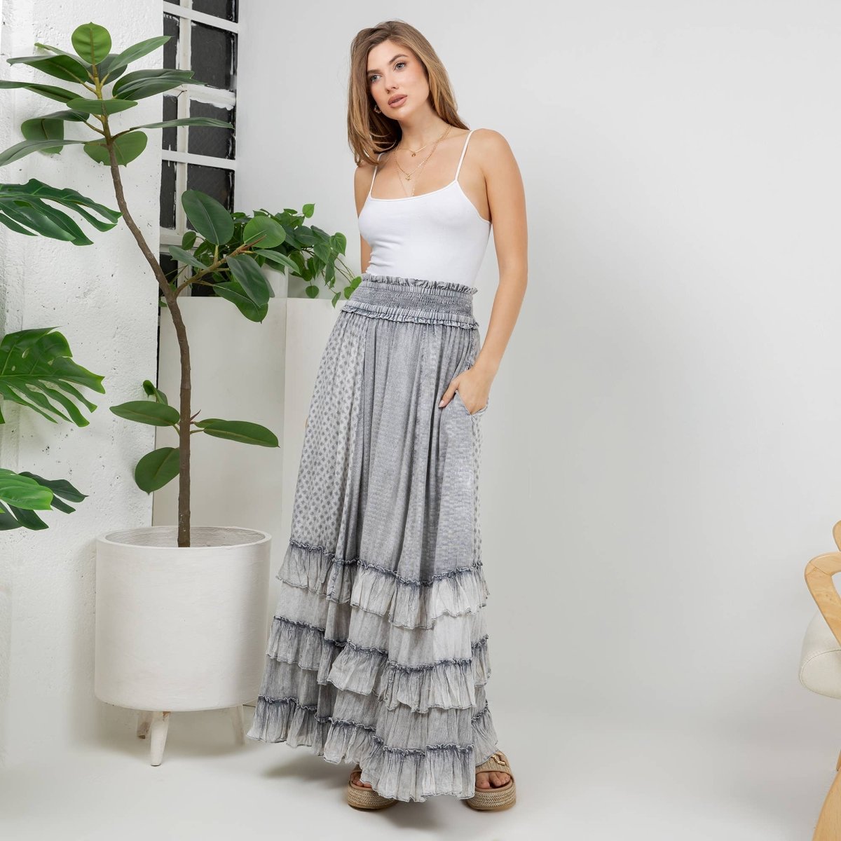 Young Threads Rustic Textured Smocked Waist Ruffled Tiered Maxi Skirt - Grey - SK56104-GREY-S