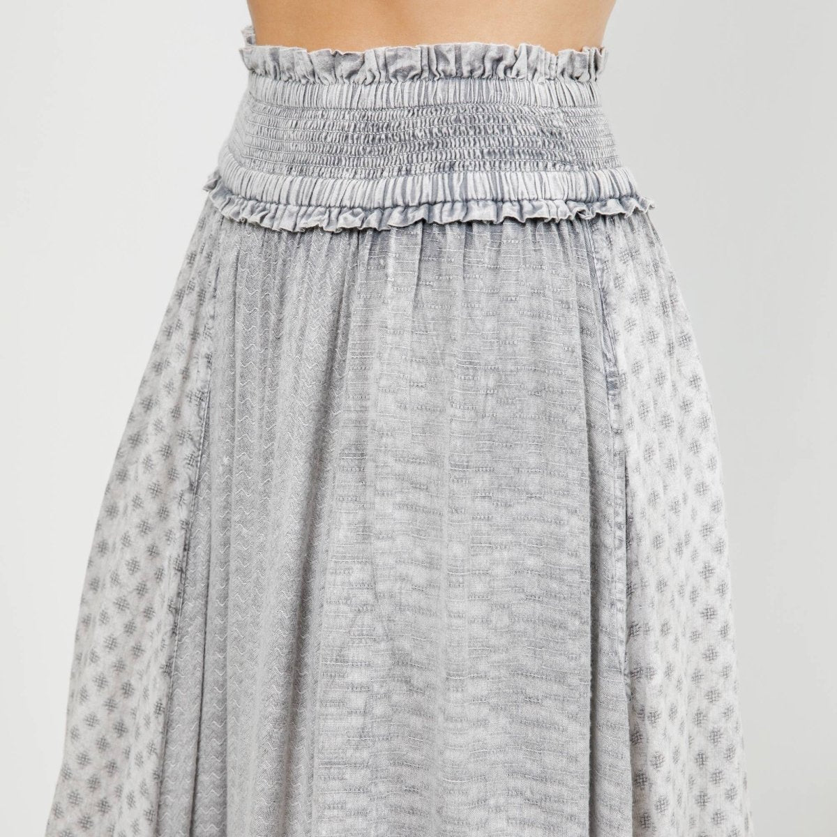 Young Threads Rustic Textured Smocked Waist Ruffled Tiered Maxi Skirt - Grey - SK56104-GREY-S