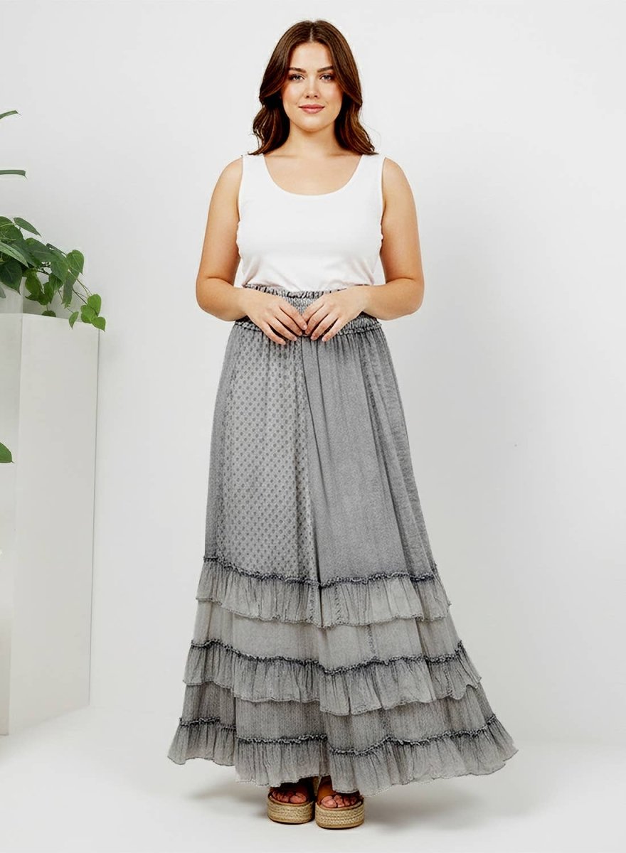 Young Threads Rustic Textured Smocked Waist Ruffled Tiered Maxi Skirt - Grey - SK56104-GREY-S