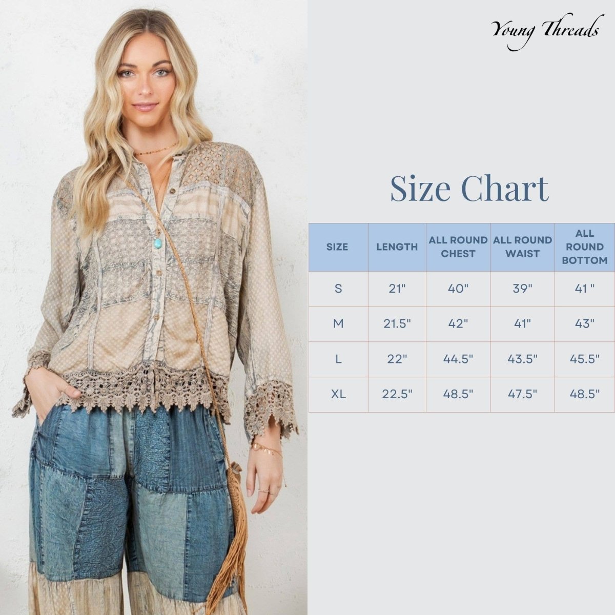 Young Threads Chic Lace Patch Shacket with White Shell Buttons - Latte - TP45303-LATTE-S