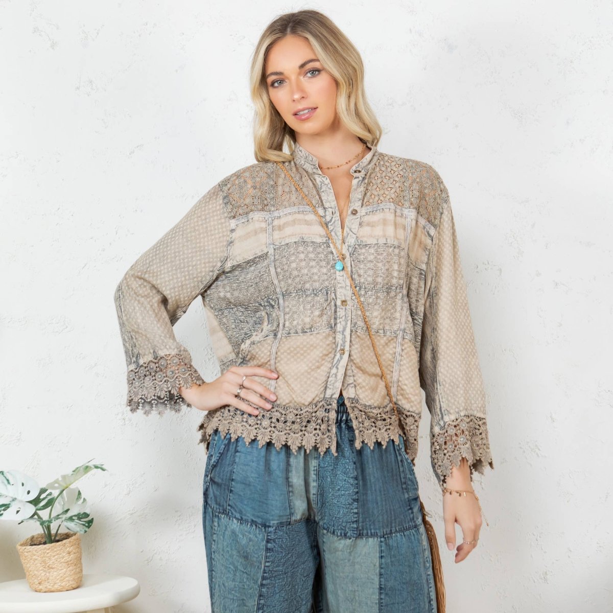 Young Threads Chic Lace Patch Shacket with White Shell Buttons - Latte - TP45303-LATTE-S