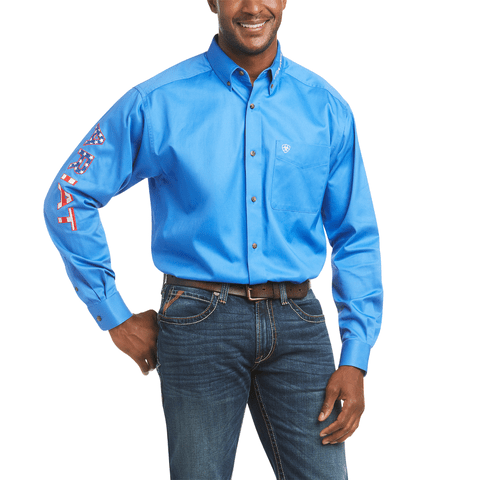 Ariat Men's Team Logo USA Flag Blue Long Sleeve Shirt - 10036179-XS
