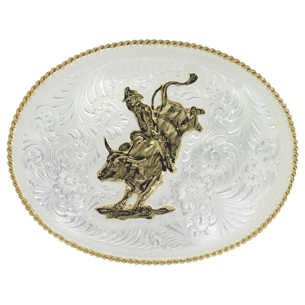 Montana Silversmiths Large Silver Engraved Western Belt Buckle with Bull Rider - 2120